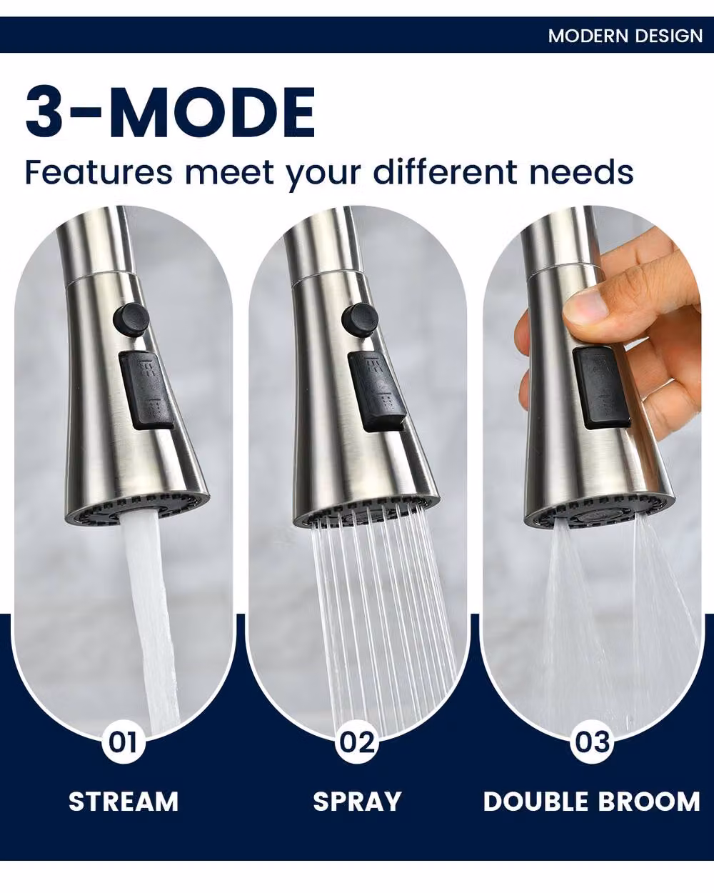 Dayone Dual Lever Kitchen Tap with 360 Degree Swivel Spout and Pull Out Spray in Brushed Silver Stainless Steel – 2