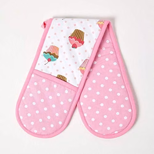 Homescapes Cotton Cupcakes Double Oven Glove in Pink and Blue