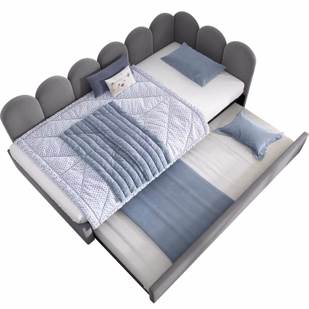 Merax Grey Upholstered L-Form Single Daybed with Pull Out Guest Bed, W/D/H: 190 x 90 x 76 cm – 6