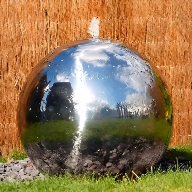 Primrose Stainless Steel Round Sphere Water Fountain with Lights in Silver, Height: 120 cm