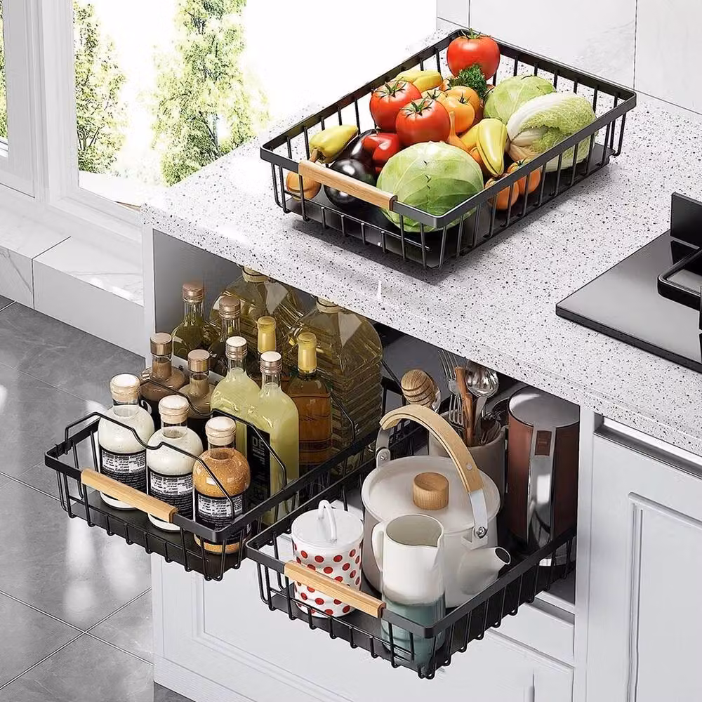 VOGREX Black Metal Pull Out Cabinet Basket Organizer and Shelves, Large – 4