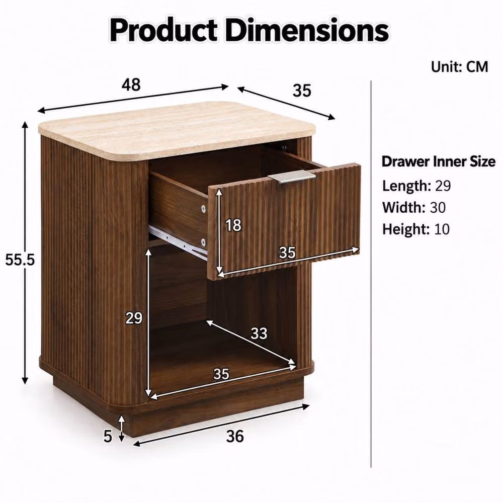 Merax Set of 2 Fluted Bedside Tables with Marble Effect Top Drawer and Open Shelf in Walnut – 3