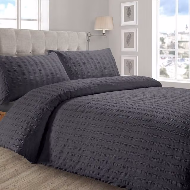 Velosso Breathable Cotton Seersucker Duvet Cover and Pillowcase Set in Anthracite Grey
