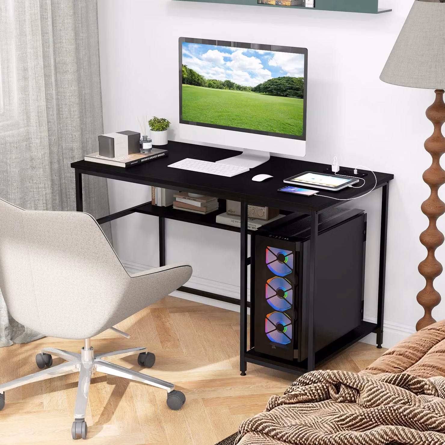 Costway Modern Computer Desk with Power Outlet and Shelf in Black – 3