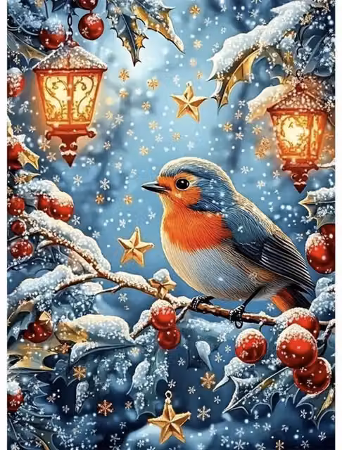 Syntego Robin on a Snowy Branch Diamond Painting Kit in Multicolour and White for Adults