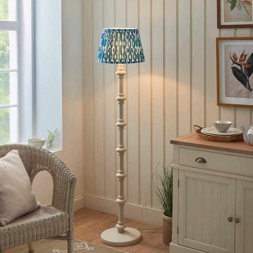 Netlighting Carnaby Almond White Floor Lamp with Blue Fabric Ikat Shade, Diameter: 35 cm, B22 – 2