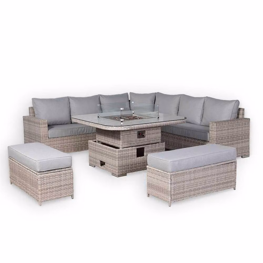 Furnishings For Less UK Rattan Corner Patio Sofa Set with Grey Fire Pit Rising Table – 2