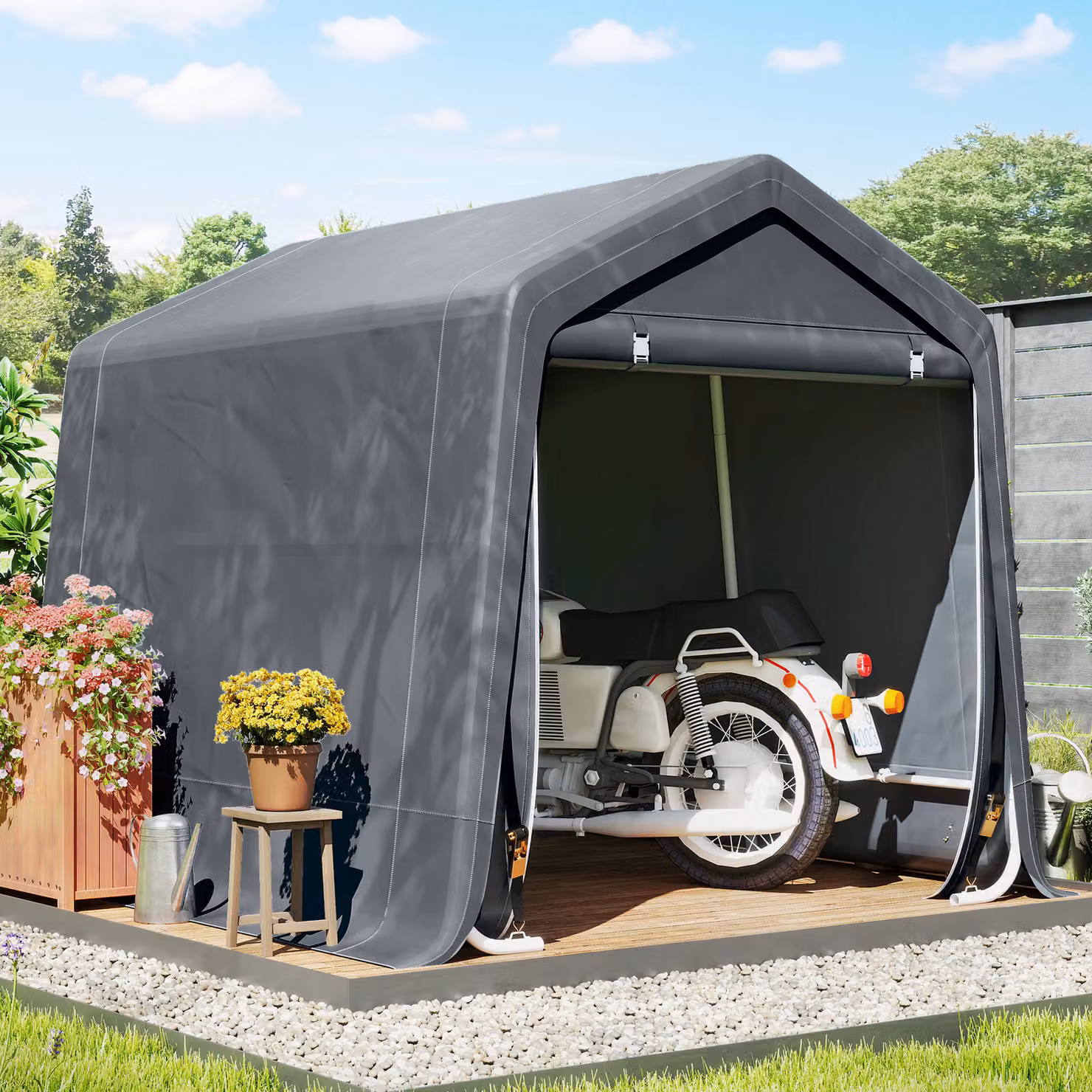 Outsunny Waterproof Outdoor Garden Storage Shed and Bike Tent with Double Roll-up Zipper Door, Dark Grey – 2