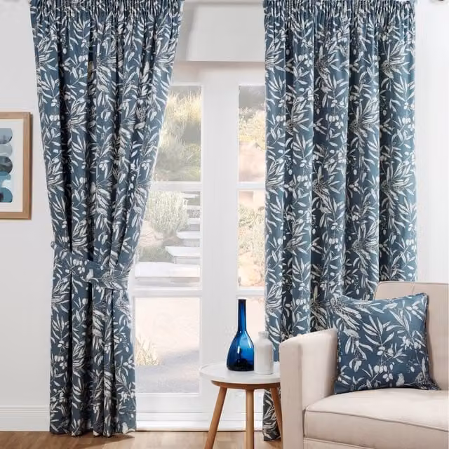 Sundour Aviary Floral Pencil Pleat Curtains in Blue, Height: 229 cm