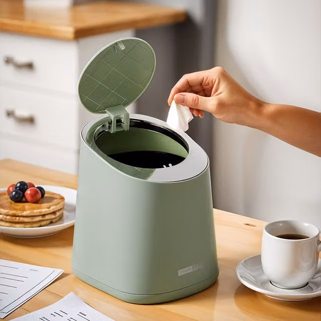 Livingandhome Mini Desktop Bin with Touch Press-Top Lid, Green Plastic