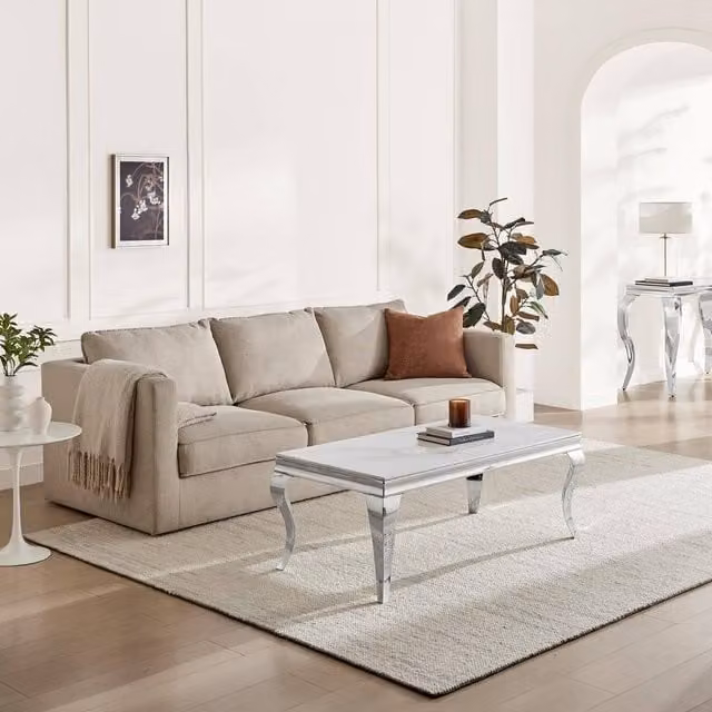 FurnitureboxUK Skye Rectangular Modern Coffee Table with White Marble Effect Glass and Metal Frame in White, Grey and Silver