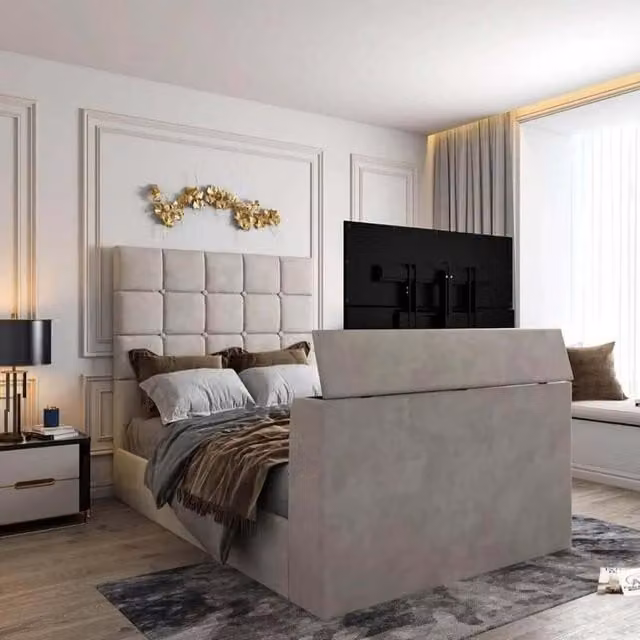 Paradise Beds Modern Upholstered Bespoke TV Bed Frame in Silver Grey Velvet Fabric, Width: 152 cm