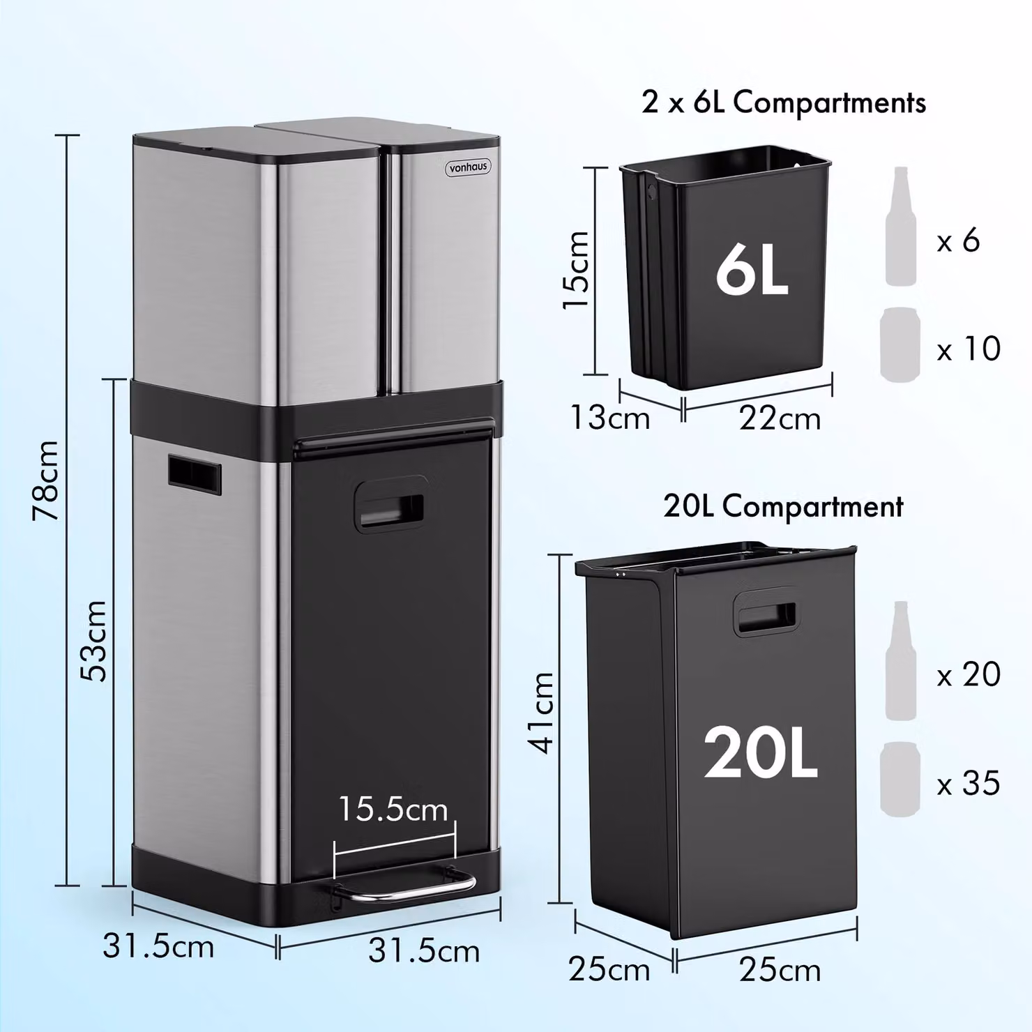 VonHaus 32L 3 Compartment Kitchen Waste and Recycling Pedal Bin in Silver – 6