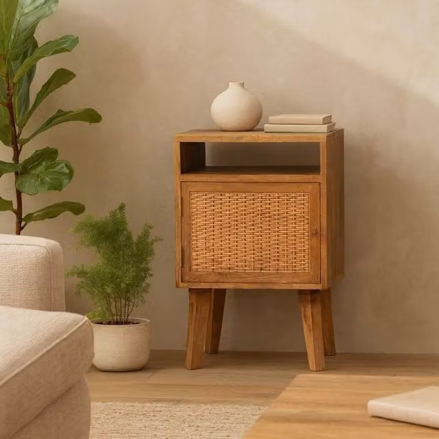 Wyld Haus Breil Natural Mango Wood Bedside Table with Rattan Door in Brown – 1