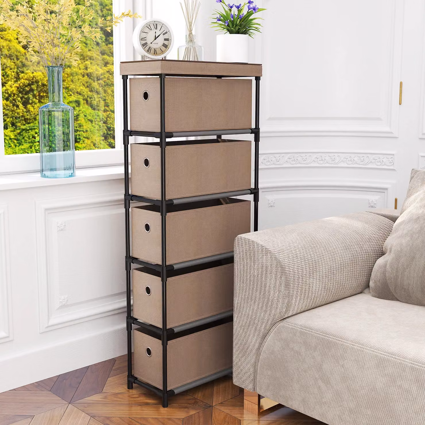 Gymax Narrow Slim Storage Tower Chest of Drawers with 5 Drawers in Brown – 2