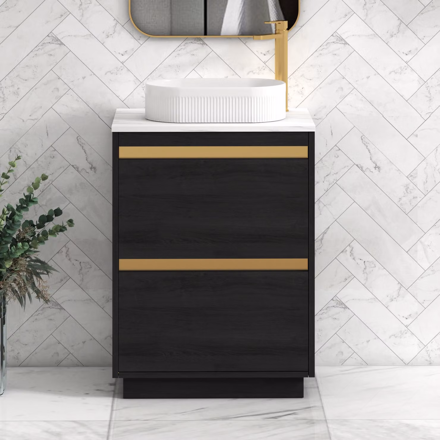 Royal Bathrooms Orion 600mm Hale Black Floor Standing Vanity Unit with Lyon Carrara White Countertop and 2 Drawers