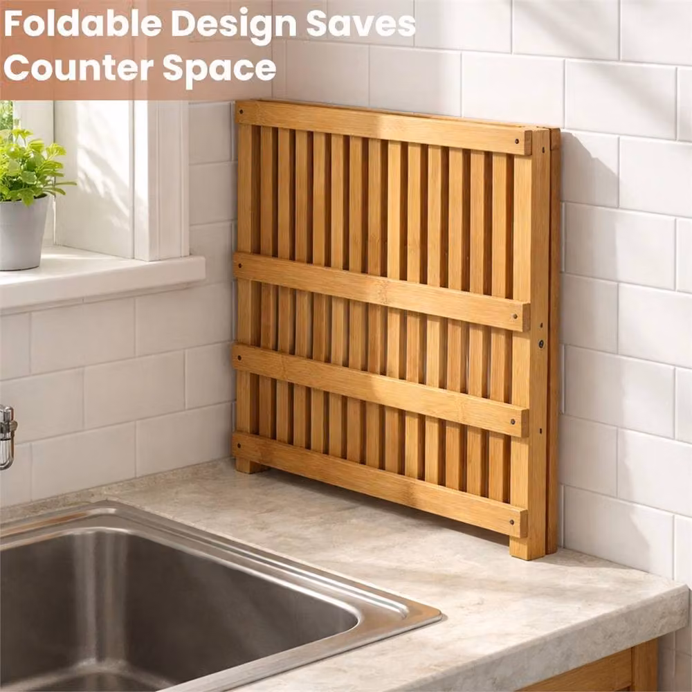 Nordara Bamboo 2 Tier Folding Dish Drying Rack with Cutlery Holder in Brown – 2