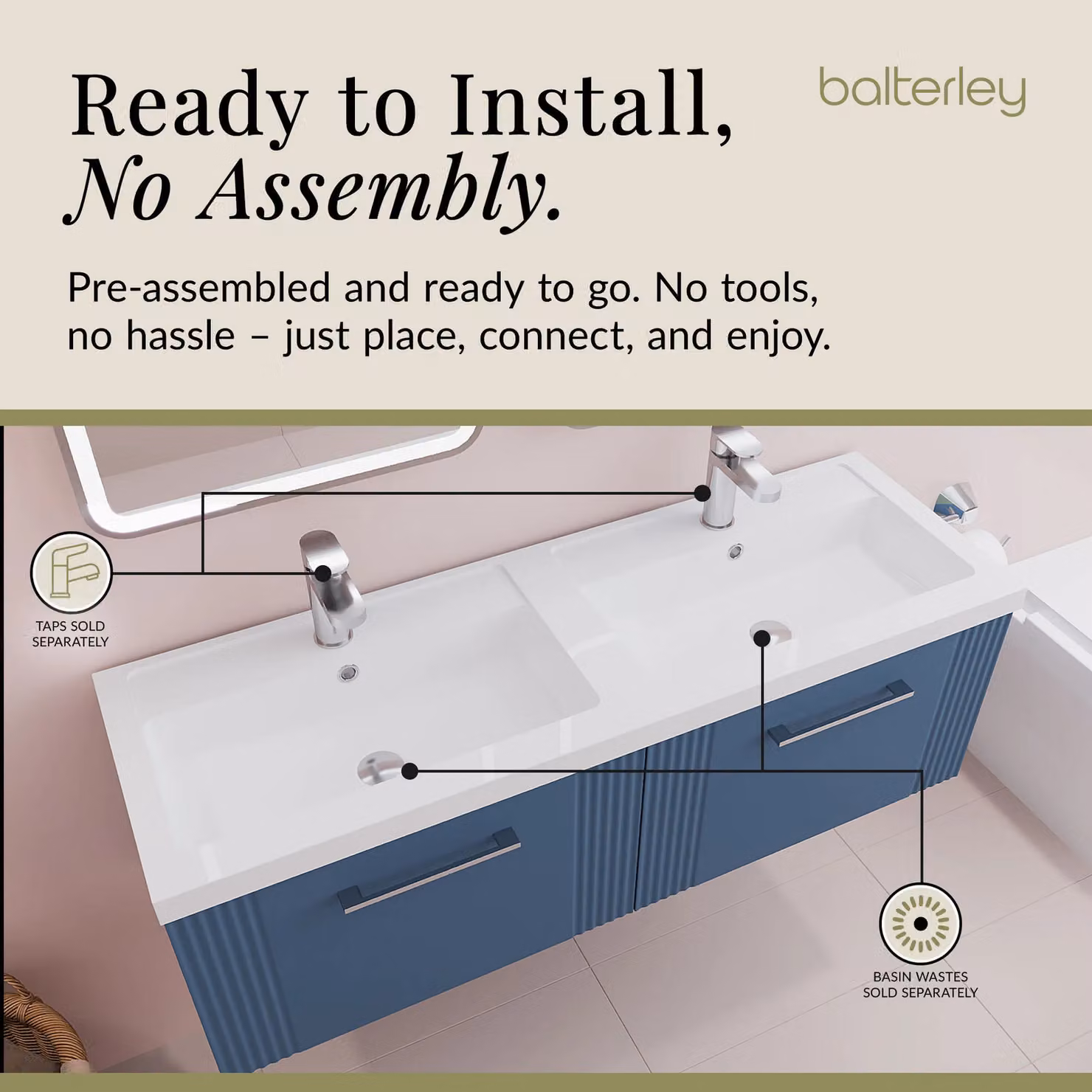 Balterley Wall Hung 2 Drawer Vanity Unit with 2 Polymarble Basins, Satin Blue, W: 120 cm – 4
