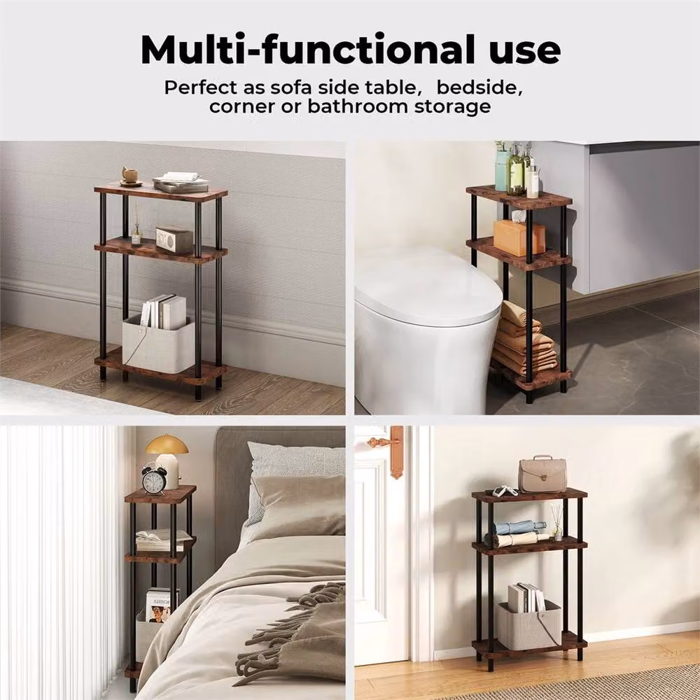 VOGREX 3 Tier Slim Side Table and Bedside Storage Stand in Brown – 4