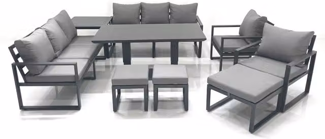 Fimous Garden Sofa Set in Dark Grey with Height Adjustable Dining Table, 2 Chairs and 3 Footstools