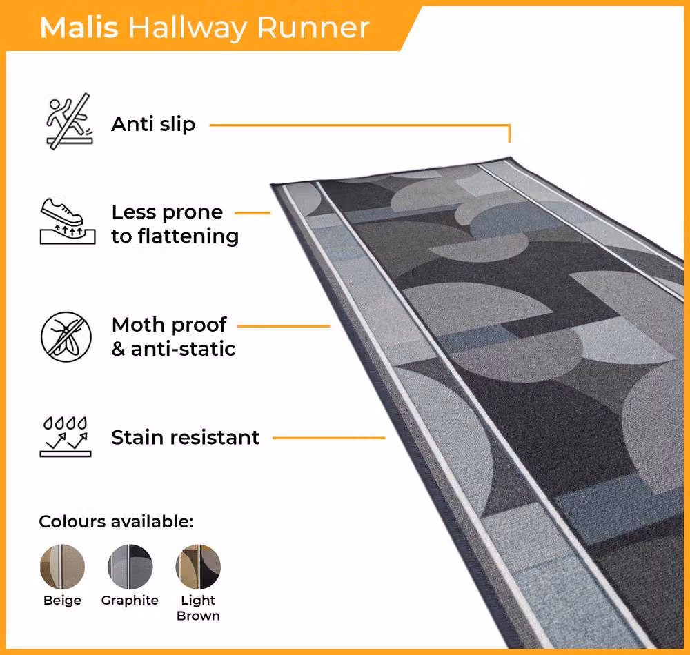runrug Malis Grey Non-Slip Hardwearing Hallway Runner Rug W: 66 cm, L: 390 cm – 3