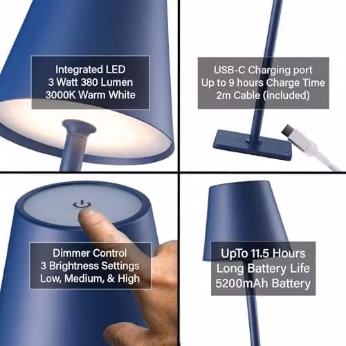 Happy Homewares Modern Rechargeable Touch Dimmable Table Lamp with Blue Metal Cone Shade and Warm White LED – 3