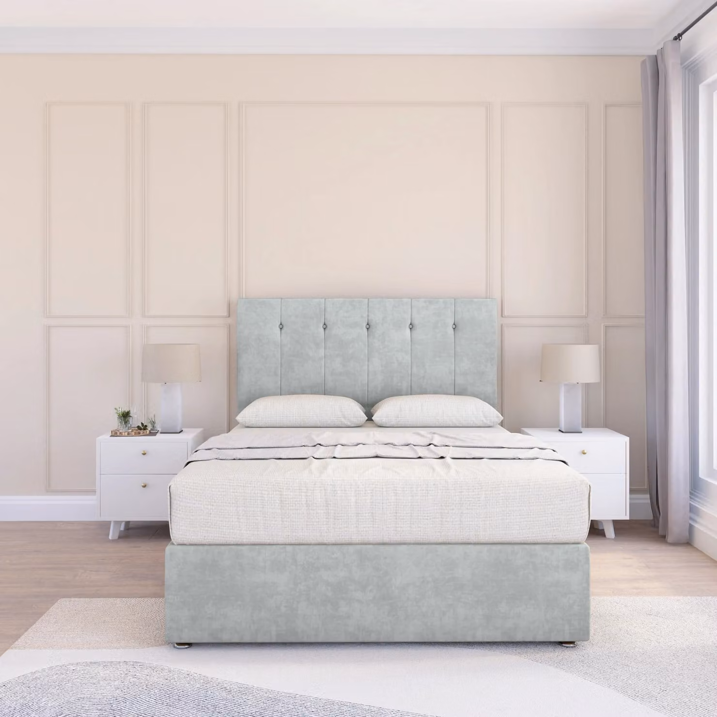 Sloomy Highbury Small Single Divan Bed Base with 26 inch Struts Headboard in Silver Fabric