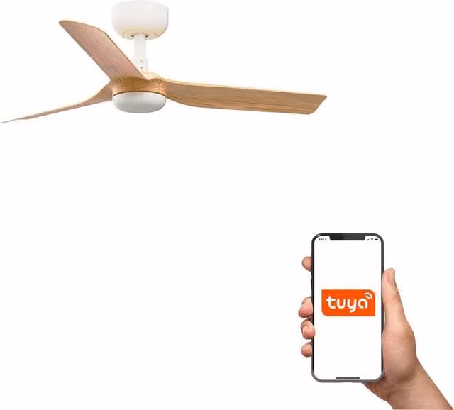 Faro Lab Netlighting Mini Punt Small 3 Blade Ceiling Fan with LED and Tuya Smart System in Matt White and Light Brown Wood Finish