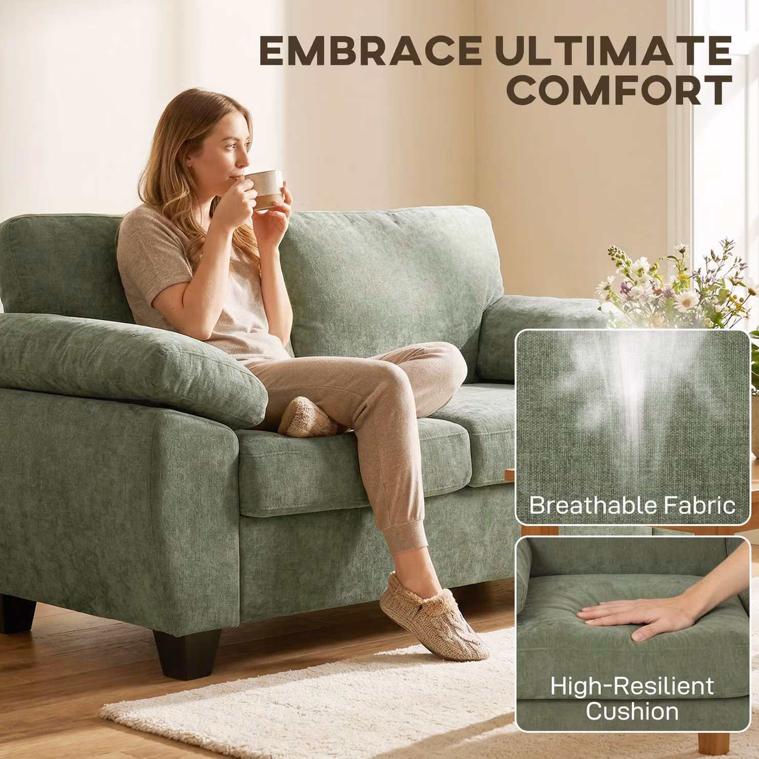 HOMCOM 2 Seater Chenille Loveseat Sofa, Dark Green, Width: 156 cm – 4