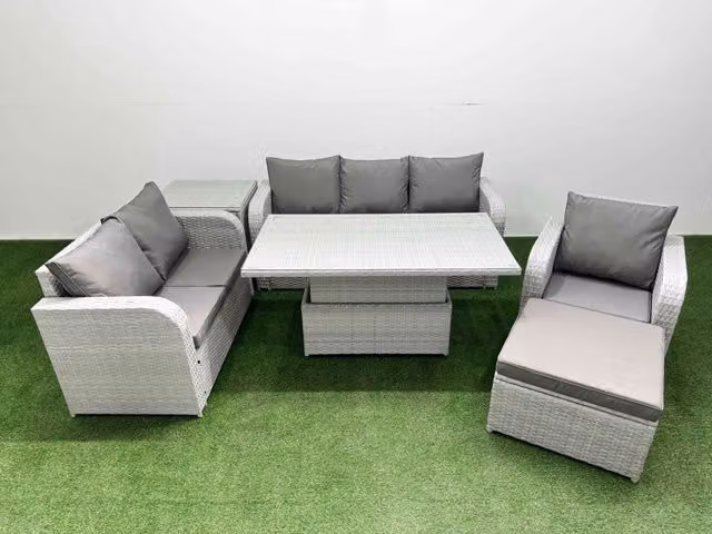 Fimous Patio 7 Seater Grey Rattan Outdoor Furniture Set with Upholstered Cushions and Adjustable Lifting Table