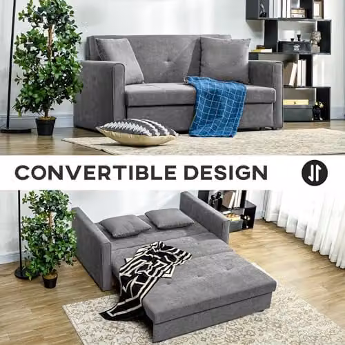 HOMCOM 2 Seater Fabric Sofa Bed with Pull Out Drawer and Hidden Storage, Grey – 5