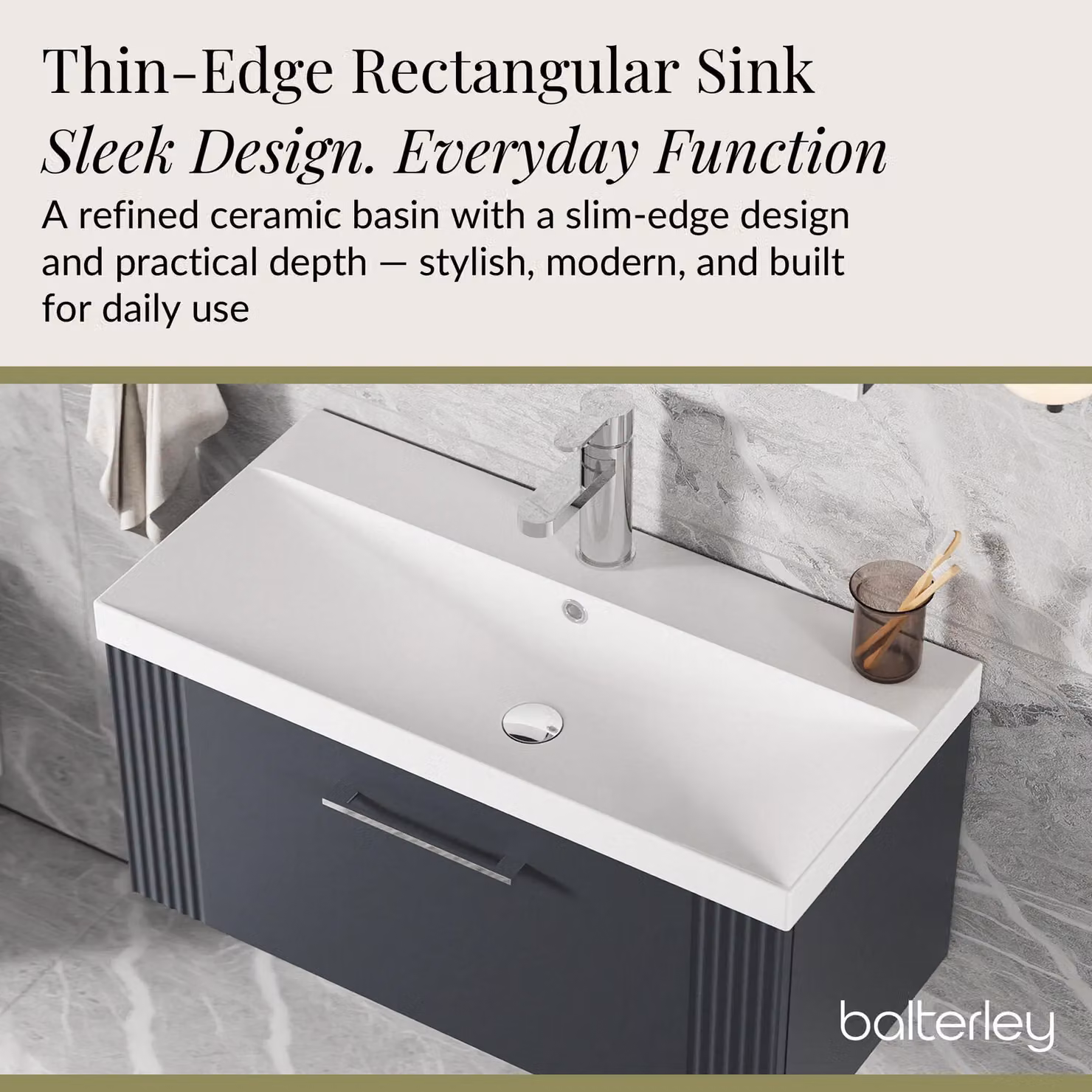 Balterley Wall Hung 1 Drawer Vanity Unit with Thin-Edge Basin, Dark Grey – 3