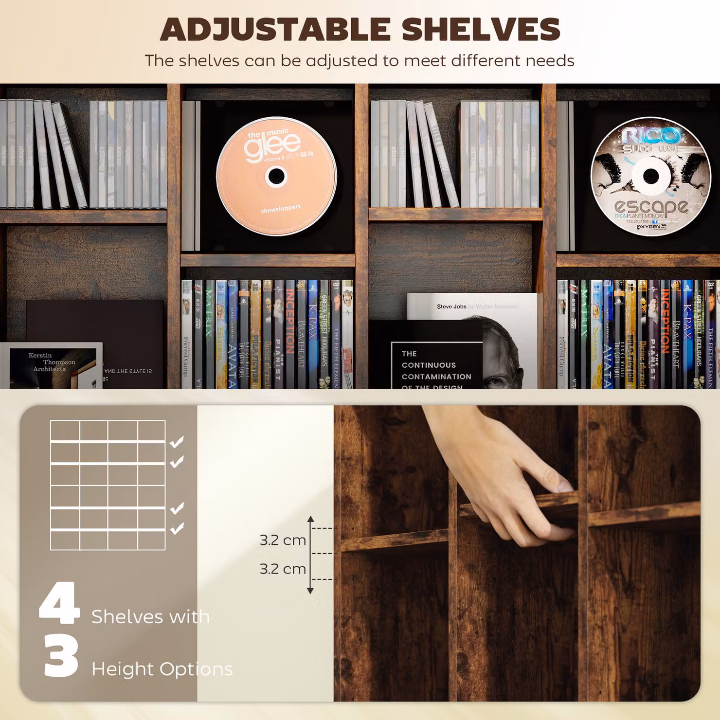 HOMCOM Rustic Brown CD Storage Unit with Adjustable Shelves and Media Compartments, W: 89 cm, H: 130.5 cm – 5