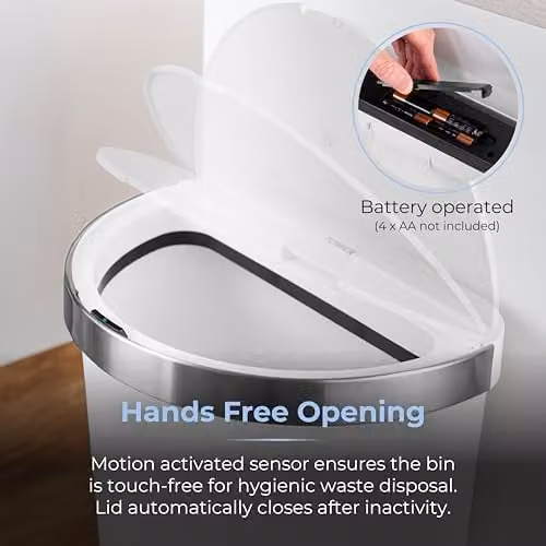 Tower 50L Curved Sensor Bin with Liner Retainer Ring in White with Stainless Steel Trim, W/D/H: 63 x 30 x 30 cm – 2