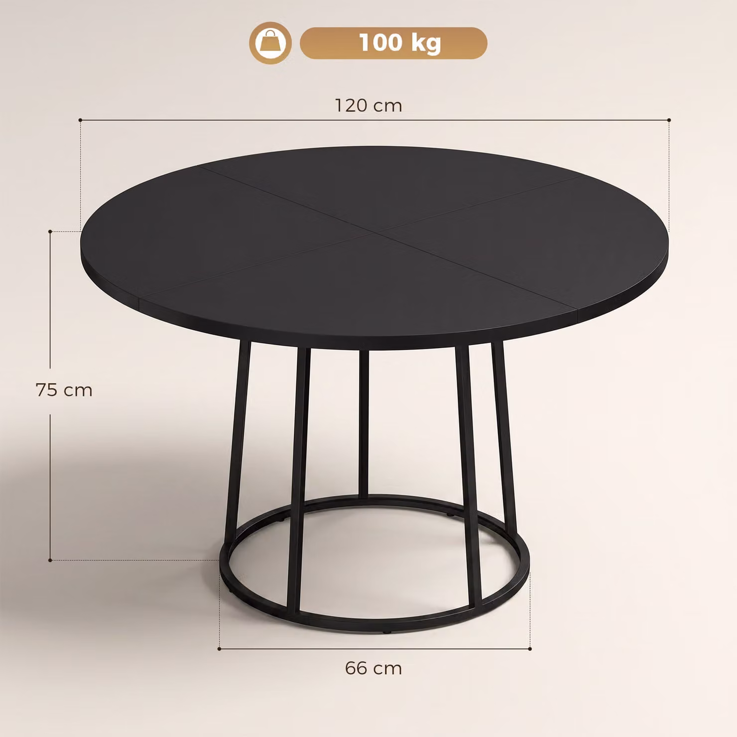 HOMCOM Round Black Dining Table with Spliced MDF Top and Conical Metal Base, Diameter: 120 cm – 3