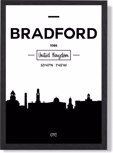 ARTZE Bradford Black and White City Skyline Framed Print, A3 – 1
