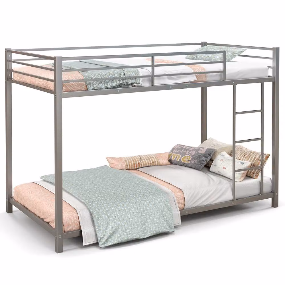 Costway Single Metal Bunk Bed Frame with Ladder and Full-length Guardrails in Silver, 90 x 200 cm – 2