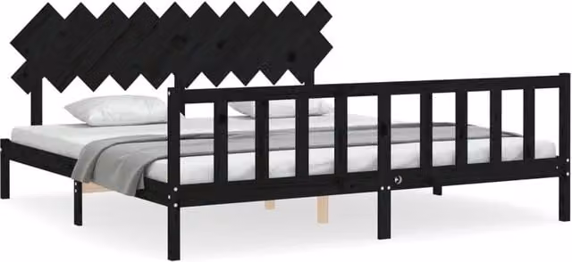 Berkfield Home Solid Wood Bed Frame with Headboard in Black, 200 x 200 cm – 1