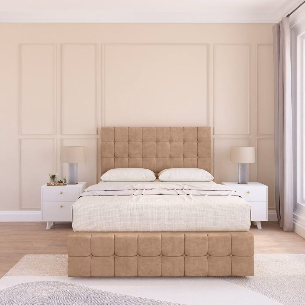 Sloomy Berlin Divan Bed Base with Chesterfield Upholstered Headboard and Footboard, Light Beige, W/D/H: 120 x 200 cm