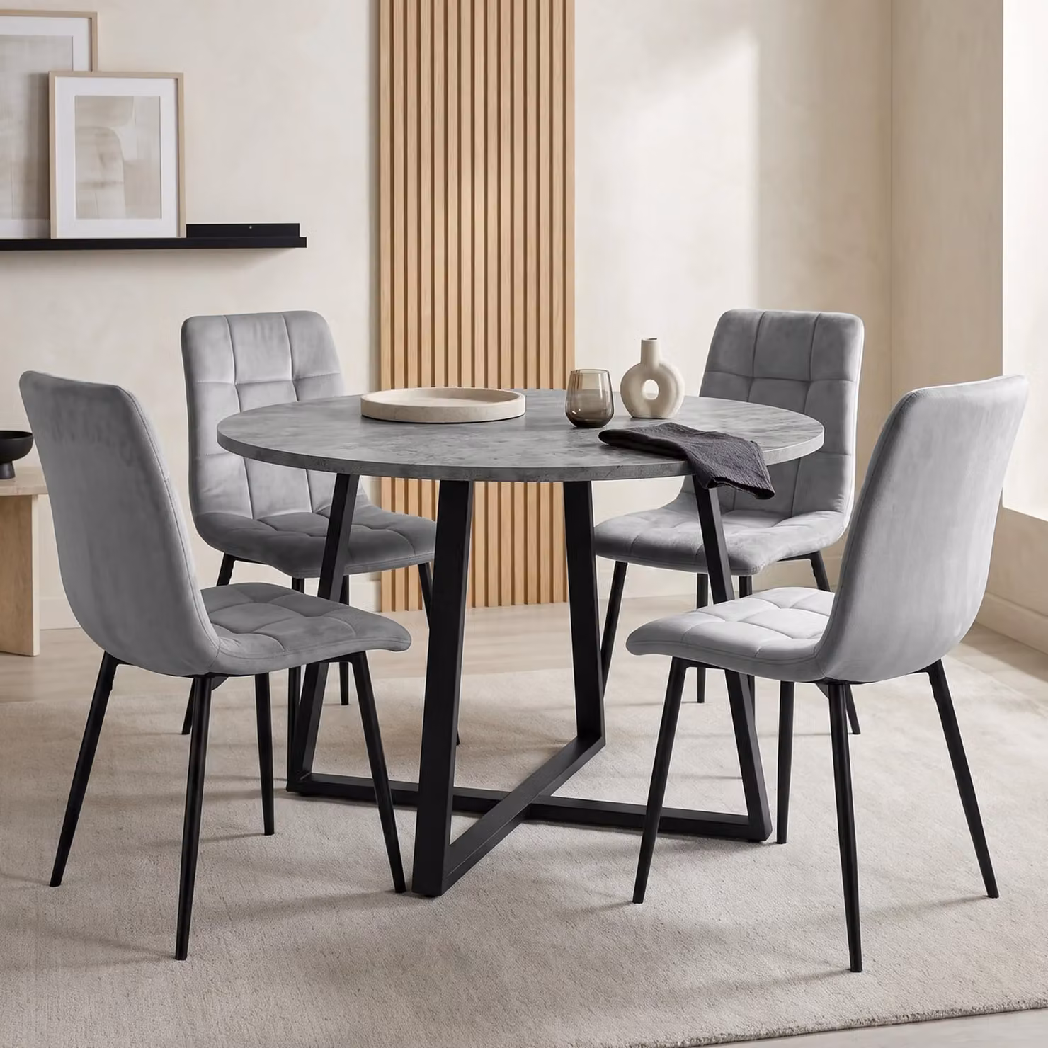 Kyvon Round Dining Table Set with 4 Grey Velvet Chairs and Concrete Effect Table