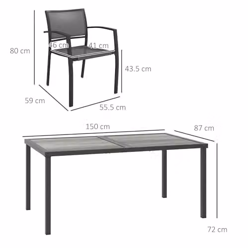 Outsunny 5 Piece Grey Metal Garden Dining Set with Stackable Armchairs – 6