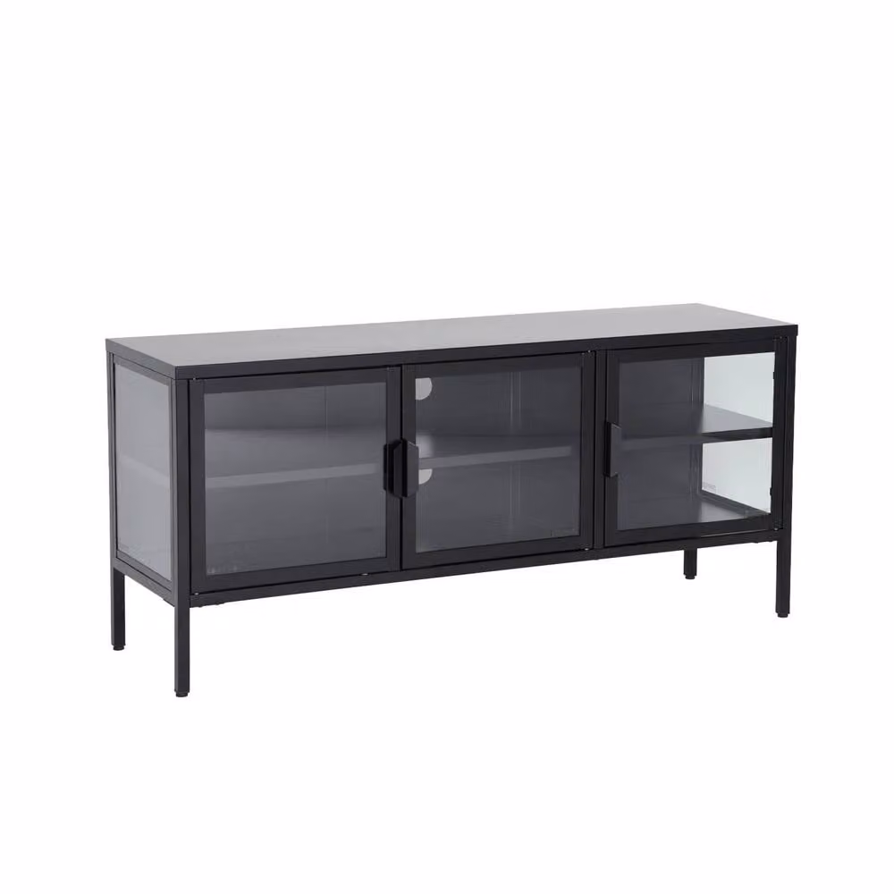 sweeek Industrial Metal and Tempered Glass TV Stand with 3 Doors, Black, W/D/H: 120 x 35 x 55 cm – 2
