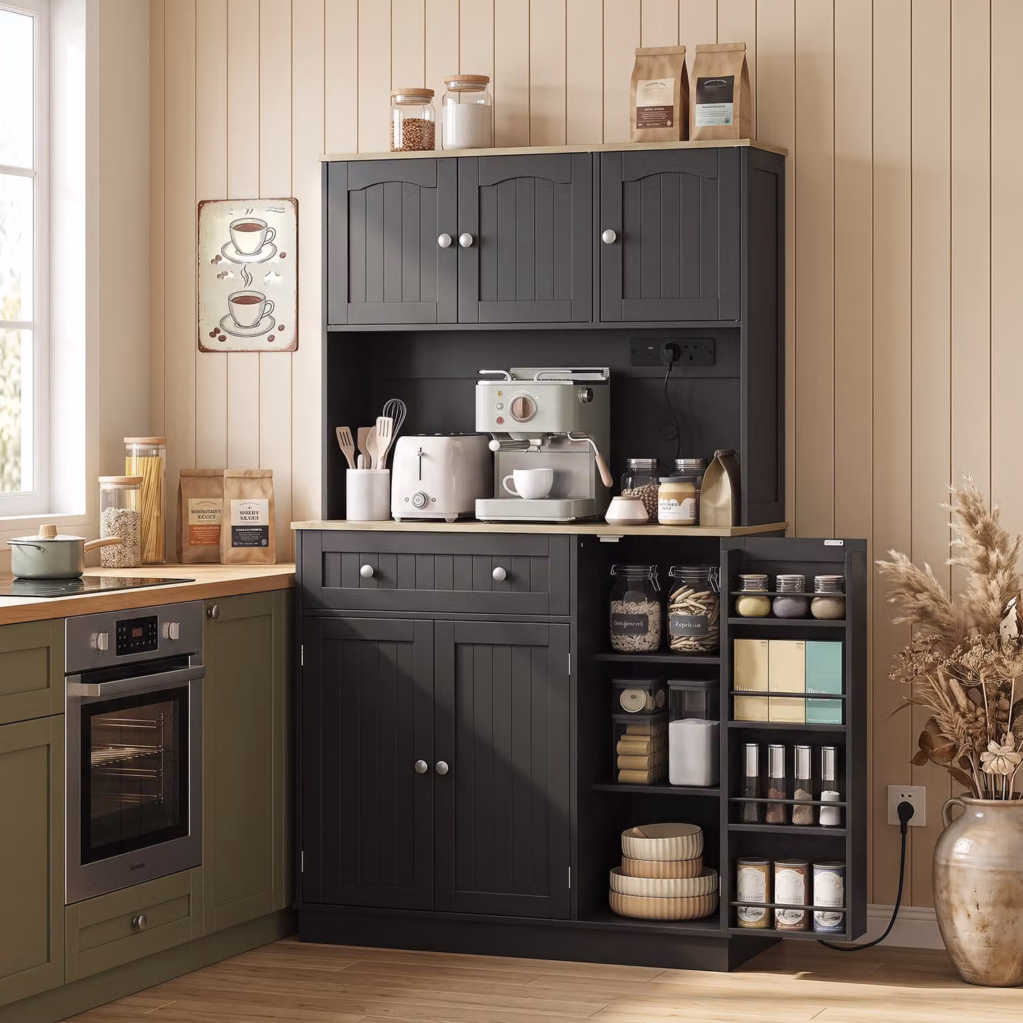 HOMCOM Black Tall Kitchen Cupboard with Charging Station and Adjustable Shelves, Height: 173 cm, Width: 100 cm, Depth: 47.5 cm – 8