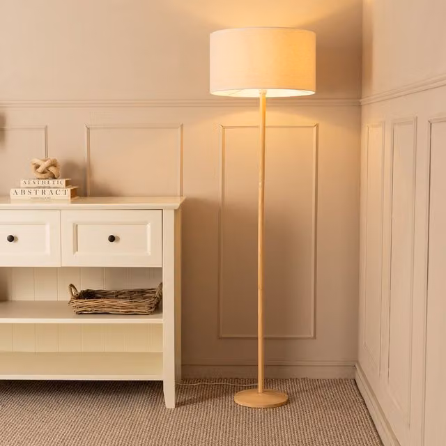 ValueLights Triston Natural Wood Floor Lamp with White Fabric Drum Shade