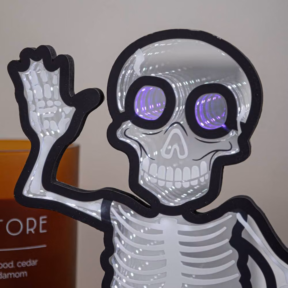 Samuel Alexander Halloween Skeleton Infinity Mirror with LED Lights, Black, White and Purple, W/D/H: 27.0 x 22.0 x 5.0 cm – 3