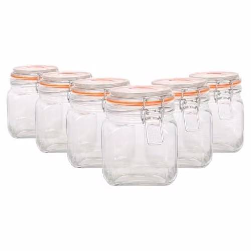 Argon Tableware Pack of 6 Transparent Square Glass Jars with Clip-Top Lids, 0.76 l