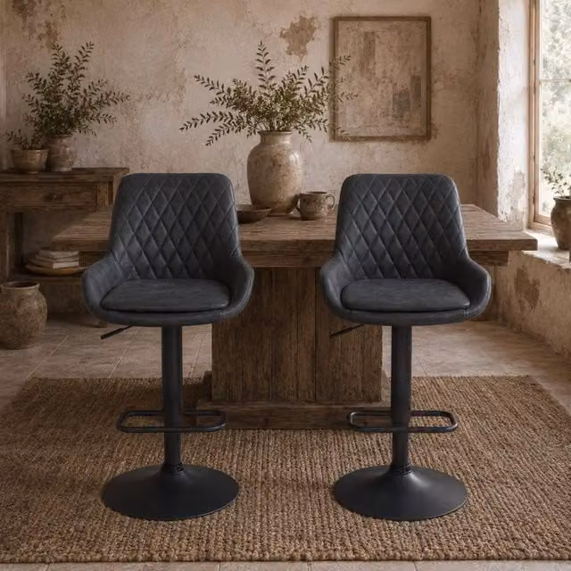 Wyld Haus Set of 2 Black Faux Leather Retro Bar Stools with 360 Degree Swivel