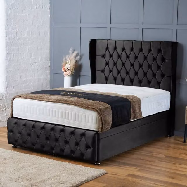 BSSPOKE Bella Ottoman Divan Bed with Mattress, Black Plush Velvet, W/D/H: 120 x 200 cm
