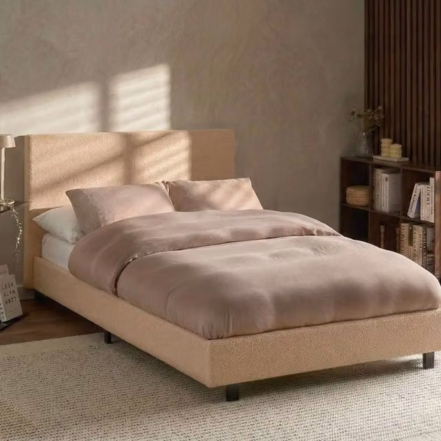 Wyld and Coco Beige Boucle Upholstered Slatted Bed Frame Small Double 4ft W/D/H: 120 x 200 cm