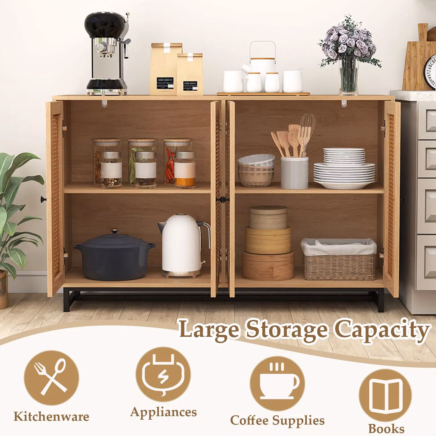 Costway Rattan Sideboard Buffet Cabinet and Coffee Bar in Sand with W: 126 cm, H: 81 cm – 4